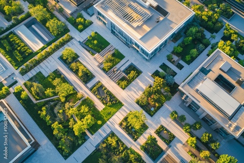 Stunning Aerial View of Modern Urban Landscape Featuring Lush Green Spaces, Innovative Architecture, and Thoughtfully Designed Pathways for Sustainable Living