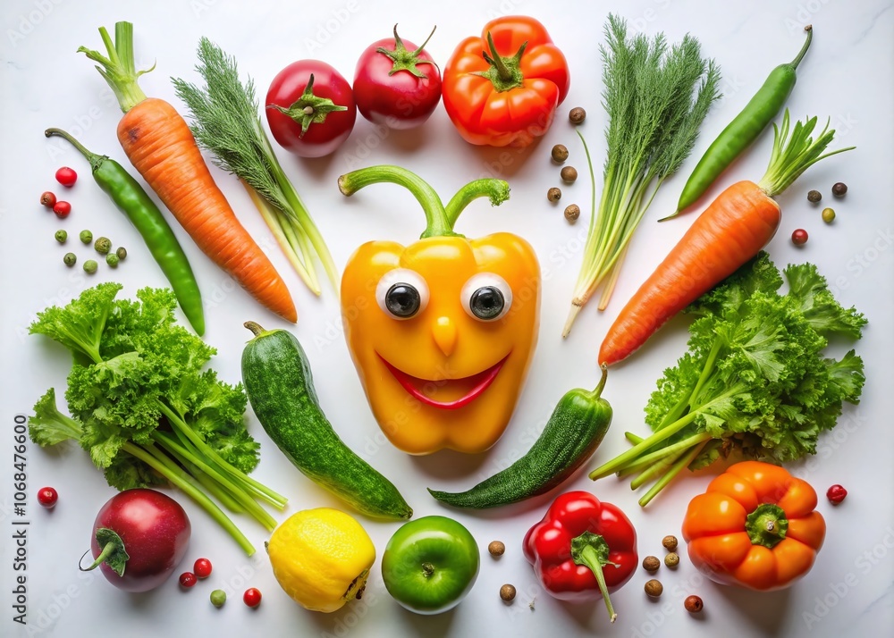 Fun and Happy Vegetable Face Concept for Creative Food Photography on White Background Fun and Happy Vegetable Face Concept for Creative Food Photography on White Background