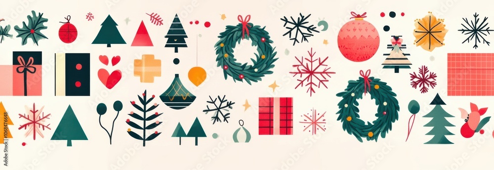 Festive flat design illustration of various Christmas symbols including wreaths, trees, and ornaments arranged in a vibrant pattern Festive flat design illustration of various Christmas symbols including wreaths, trees, and ornaments arranged in a vibrant pattern