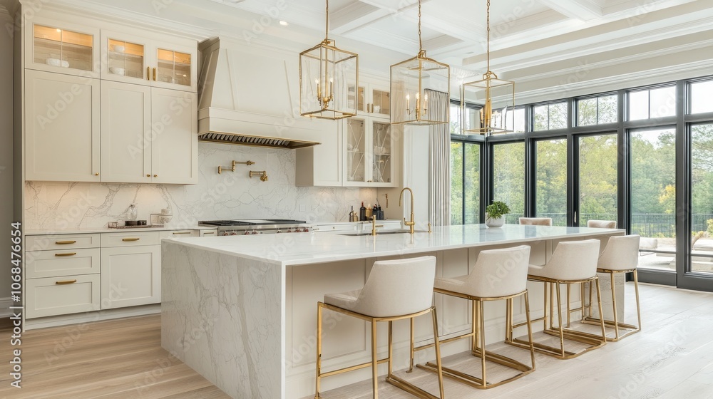 Modern Kitchen Island with Gold Accents and Large Windows Modern Kitchen Island with Gold Accents and Large Windows