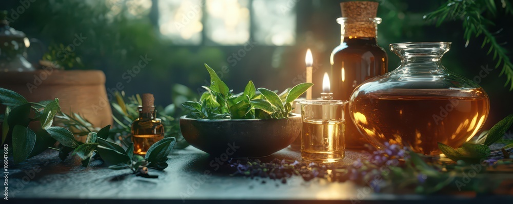 Herbal Remedies and Natural Oils Arranged on a Table for Holistic Wellness and Natural Healing Herbal Remedies and Natural Oils Arranged on a Table for Holistic Wellness and Natural Healing