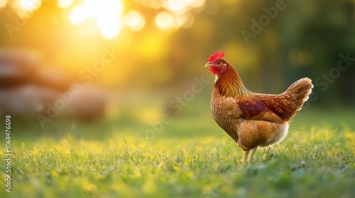 Free-range chicken standing on grass at sunrise, colorful feathers, rural farm scene, golden morning light, domestic animal, backyard, organic farming, country lifestyle, natural background photo