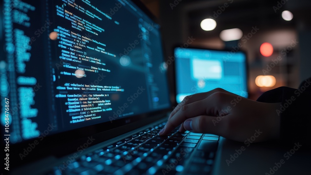Coding on a Laptop with Dark Background Coding on a Laptop with Dark Background