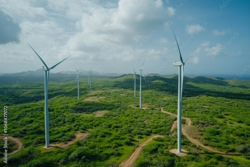 Harnessing Nature's Power: Aerial View of Wind Turbines Amidst Lush Green Hills, Showcasing Sustainable Energy Solutions for a Greener Future. Harnessing Nature's Power: Aerial View of Wind Turbines Amidst Lush Green Hills, Showcasing Sustainable Energy Solutions for a Greener Future.