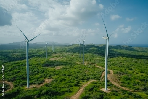 Harnessing Nature's Power: Aerial View of Wind Turbines Amidst Lush Green Hills, Showcasing Sustainable Energy Solutions for a Greener Future.