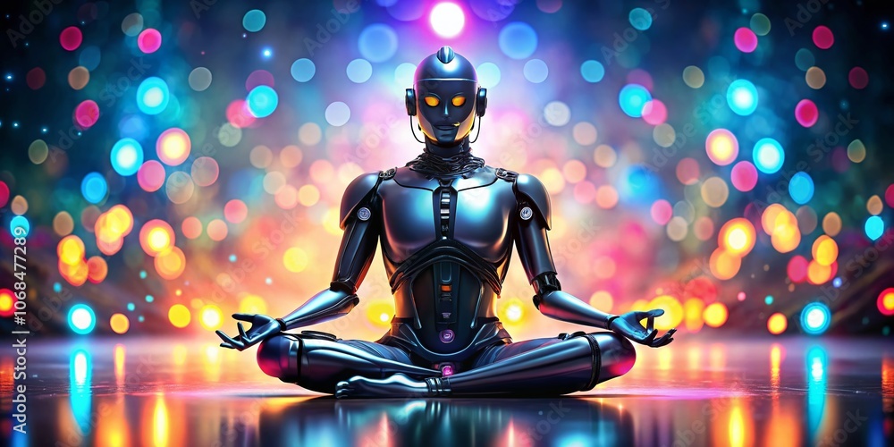 Futuristic Black Robot Meditating in Lotus Position with Bokeh Effect - Tranquil Technology, Serenity, and Innovation in a Sci-Fi Landscape Futuristic Black Robot Meditating in Lotus Position with Bokeh Effect - Tranquil Technology, Serenity, and Innovation in a Sci-Fi Landscape