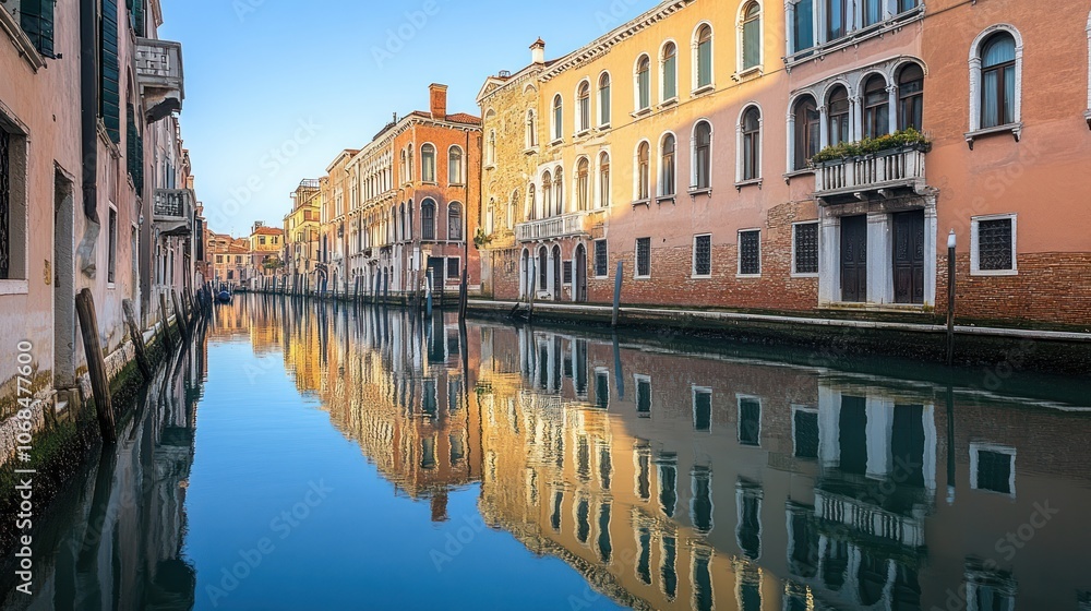A serene canal with historic buildings reflected in the water A serene canal with historic buildings reflected in the water