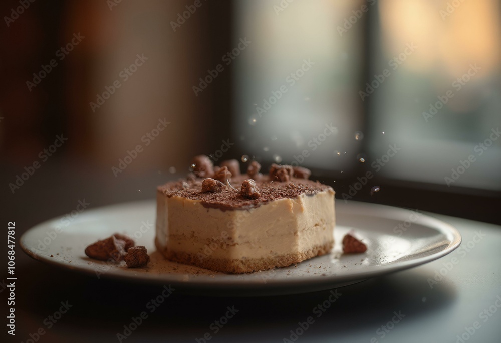 Chocolate Mousse Cake With Crushed Nuts On White Plate In Warm, Natural Light Chocolate Mousse Cake With Crushed Nuts On White Plate In Warm, Natural Light