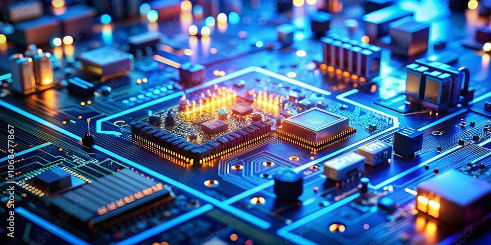Obraz premium Futuristic Electronic Circuit Technology with Tilt-Shift Effect - Glowing Blue Background and Circuit Board Traces for AI Innovation Visuals