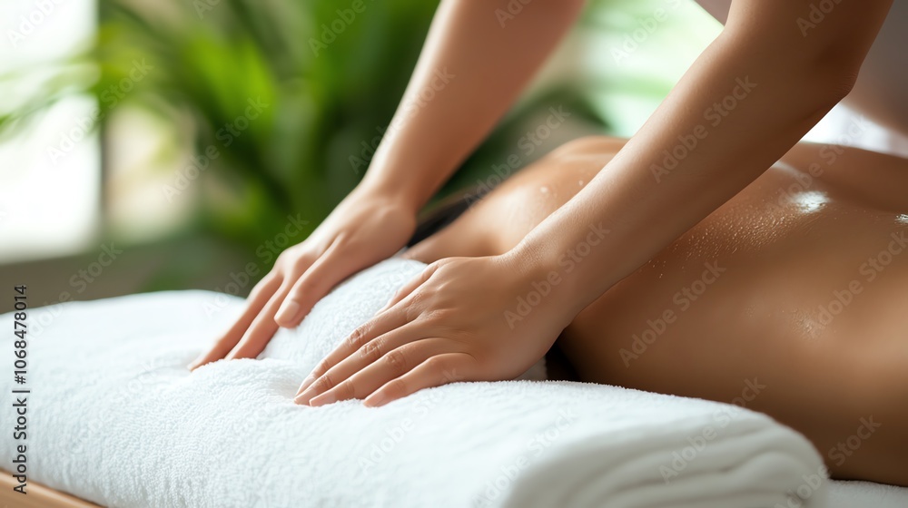 Fototapeta premium Relaxing massage therapy with soothing hands on a towel, surrounded by lush greenery. Perfect for wellness imagery.