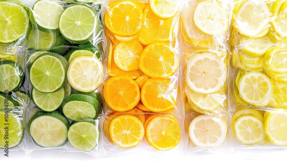 Sliced citrus fruits in clear packaging, showcasing limes, lemons, and oranges. Sliced citrus fruits in clear packaging, showcasing limes, lemons, and oranges.