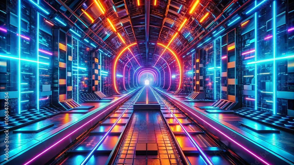 Obraz premium Futuristic Neon Cyber Tunnel 3D Render - Vivid Landscape of a High-Tech World, Bright Colors, Electric Vibes, Sci-Fi Aesthetic, Digital Art, Hyperrealistic Environment, Virtual Reality Scene