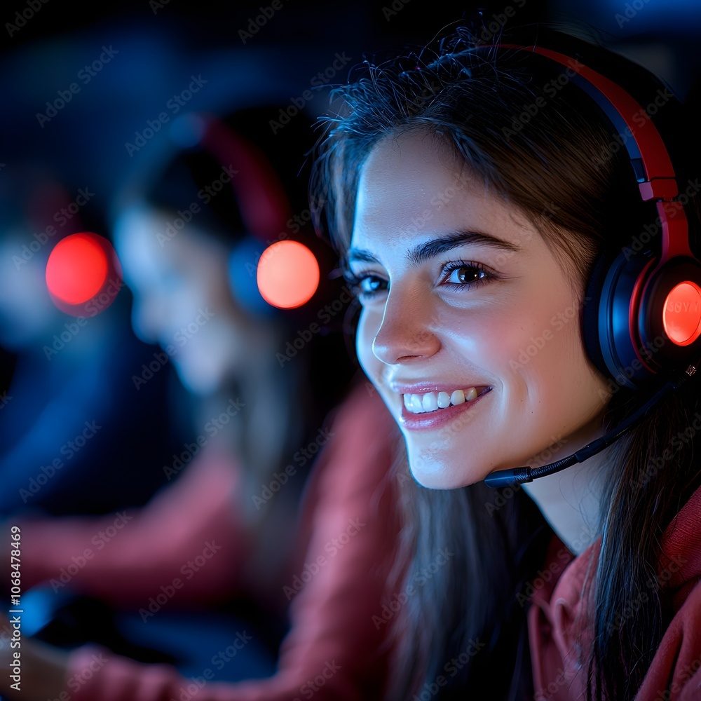 Young woman enjoying gaming with friends in a vibrant esports setting Young woman enjoying gaming with friends in a vibrant esports setting