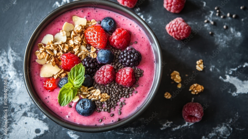 A vibrant smoothie bowl filled with a berry blend is garnished with fresh raspberries, blueberries, blackberries, and crunchy granola. Chia seeds and mint add extra flair A vibrant smoothie bowl filled with a berry blend is garnished with fresh raspberries, blueberries, blackberries, and crunchy granola. Chia seeds and mint add extra flair