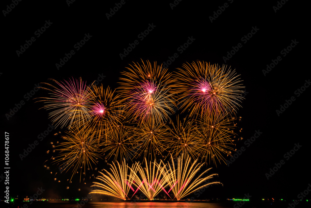 Real Fireworks at Pattaya bay, Pattaya national Fireworks Festival contest, November of every Year, Beautiful of bright light fireworks Show in middle sea, for postcard wallpaper backgrounds. Real Fireworks at Pattaya bay, Pattaya national Fireworks Festival contest, November of every Year, Beautiful of bright light fireworks Show in middle sea, for postcard wallpaper backgrounds.