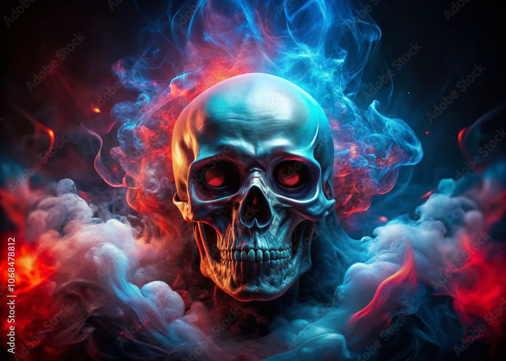 Futuristic Skull with Glowing Eyes in a Mystical Red and Blue Smoky Background - Long Exposure, Digital Art, Sci-Fi, Neon Aesthetics, Conceptual Imagery Futuristic Skull with Glowing Eyes in a Mystical Red and Blue Smoky Background - Long Exposure, Digital Art, Sci-Fi, Neon Aesthetics, Conceptual Imagery