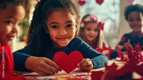 Children creating Valentine's Day crafts with heart decorations photo