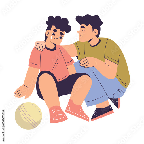 Polite Boy Character Support Crying Friend Having Good Manners Vector Illustration