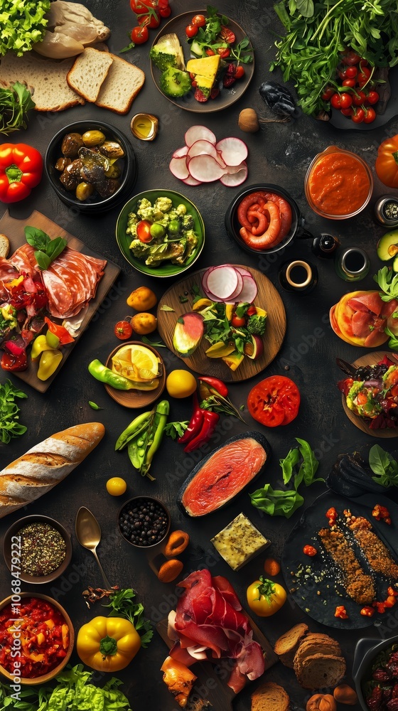 Top view of an appetizing gourmet spread featuring fresh fruits, vegetables, meats, and breads on a dark surface. Top view of an appetizing gourmet spread featuring fresh fruits, vegetables, meats, and breads on a dark surface.