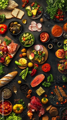 Top view of an appetizing gourmet spread featuring fresh fruits, vegetables, meats, and breads on a dark surface.