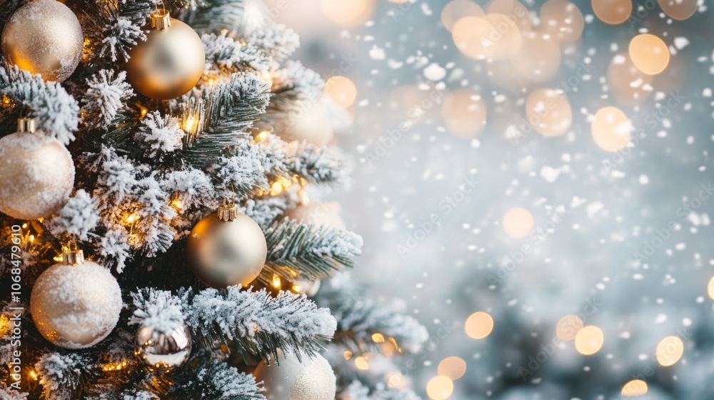Snowy Christmas Tree with Warm Lights and Snowflakes