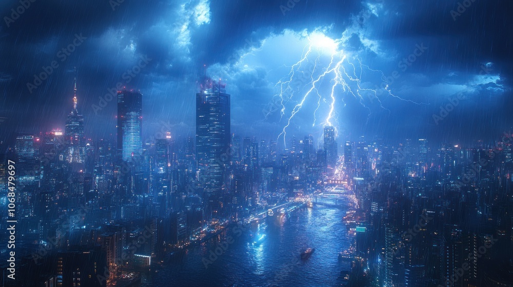 Fototapeta premium Lightning Storm Over City