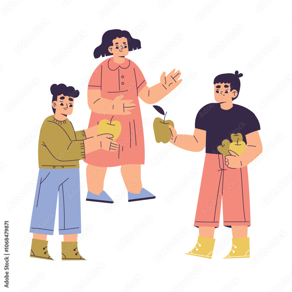 Polite Boy Character Share Apples with Friend Having Good Manners Vector Illustration Polite Boy Character Share Apples with Friend Having Good Manners Vector Illustration
