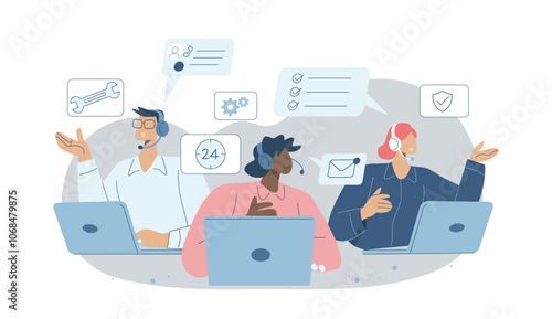 Technical support or customer service team, Hotline, Call center representative, Online customer consultation or feedback, Staff wearing headphones help provide customer service. Vector design.