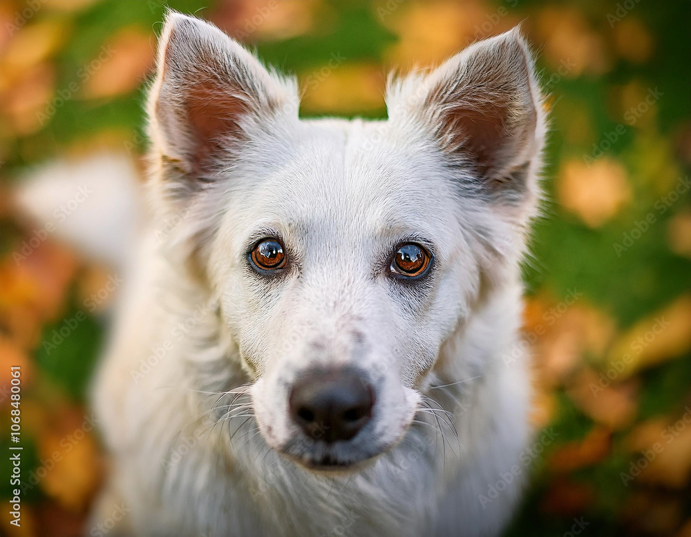 Portrait of a white dog with emotional facial expression in the autumn park Portrait of a white dog with emotional facial expression in the autumn park