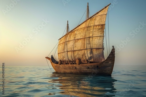 Ancient wooden caravel sailing ship is floating on a calm ocean at sunset