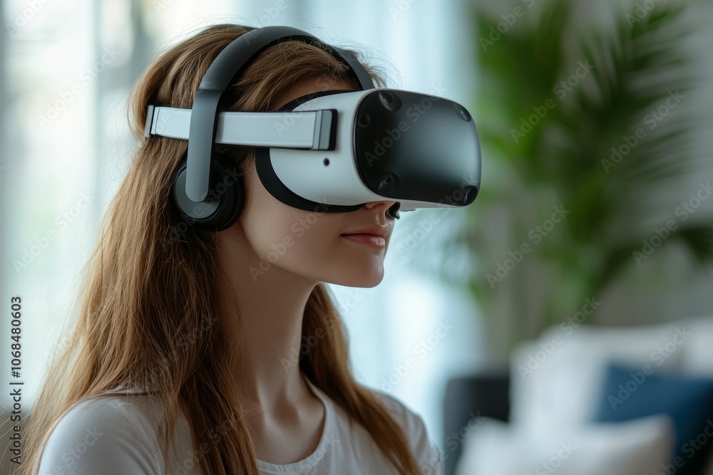 Exploring New Realities: A Young Woman Immersed in Virtual Reality with a Sleek Headset in a Modern Living Space Exploring New Realities: A Young Woman Immersed in Virtual Reality with a Sleek Headset in a Modern Living Space