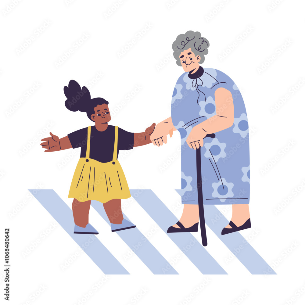 Polite Girl Character Lead Senior Woman Across Road Having Good Manners Vector Illustration Polite Girl Character Lead Senior Woman Across Road Having Good Manners Vector Illustration