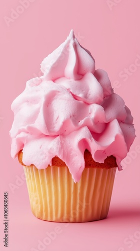 Delicious cupcake with pink frosting on a matching pastel background, perfect for dessert-themed projects and celebrations. photo