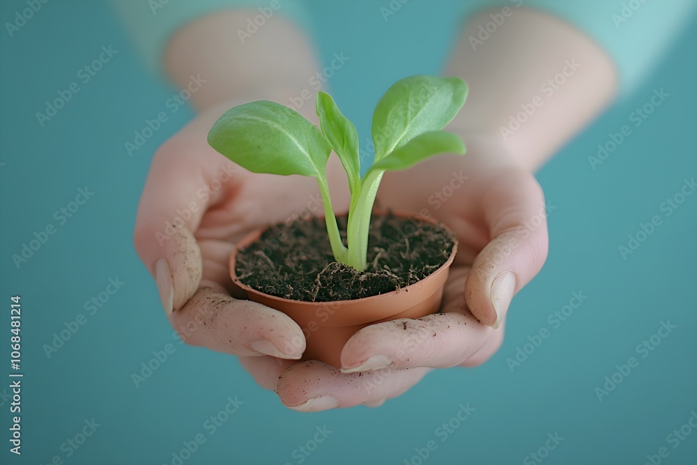 Dirty hands are holding a green plant sprout in a pot. Generative AI.