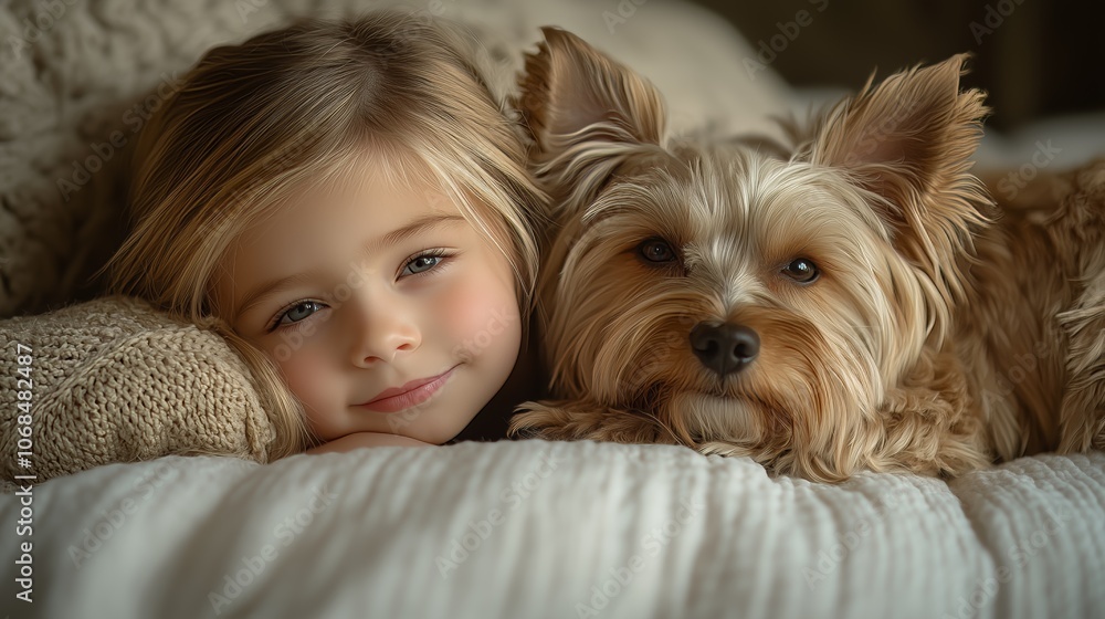 A young girl and her furry dog companion enjoying a cozy moment together on a comfortable bed. A young girl and her furry dog companion enjoying a cozy moment together on a comfortable bed.