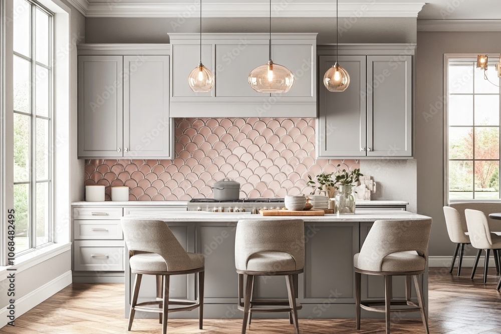 Modern Kitchen with Scalloped Tile Backsplash and Pendant Lights Modern Kitchen with Scalloped Tile Backsplash and Pendant Lights