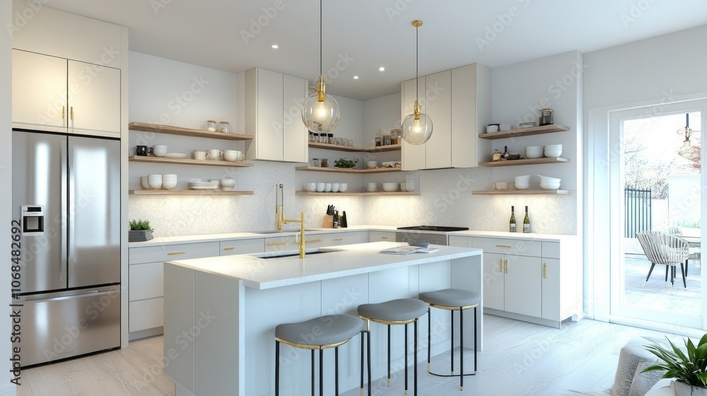 Modern White Kitchen with Stainless Steel Appliances and Island with Stools Modern White Kitchen with Stainless Steel Appliances and Island with Stools
