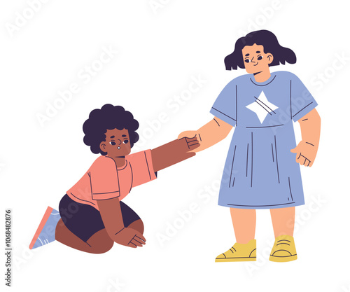 Polite Girl Character Give Hand with Fallen Friend Having Good Manners Vector Illustration