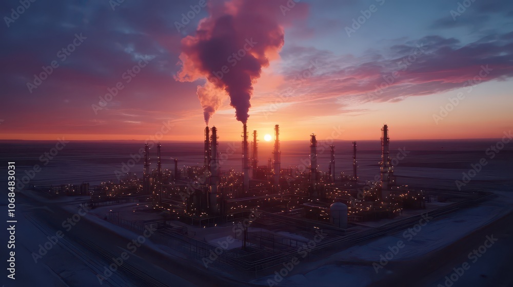 Aerial view of a sprawling refinery bathed in warm hues of sunset, showcasing industrial beauty and energy production. Aerial view of a sprawling refinery bathed in warm hues of sunset, showcasing industrial beauty and energy production.
