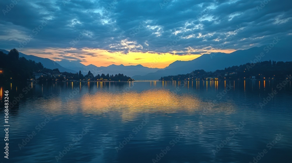 Fototapeta premium Sunset Reflection on Lake with Mountains
