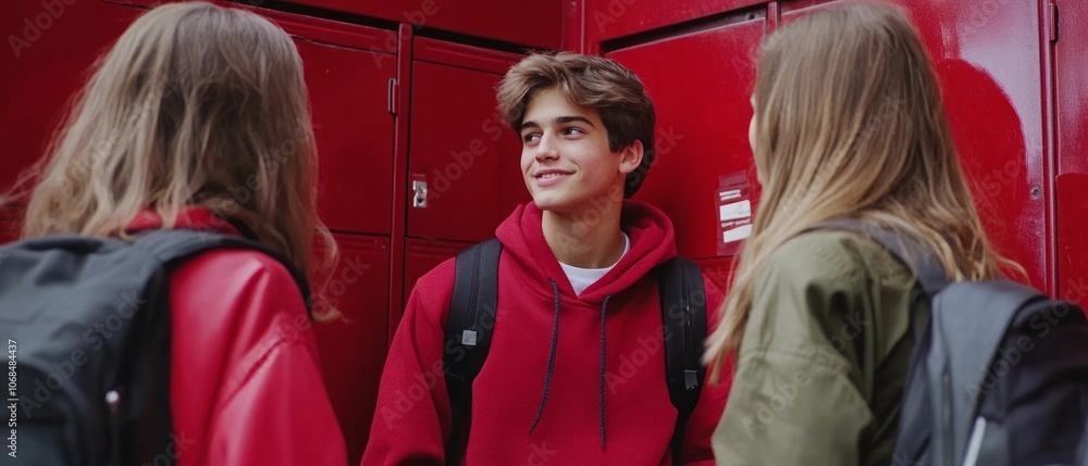 A group of teenagers chats happily by vibrant red lockers, enjoying their time together on a sunny day at their school A group of teenagers chats happily by vibrant red lockers, enjoying their time together on a sunny day at their school