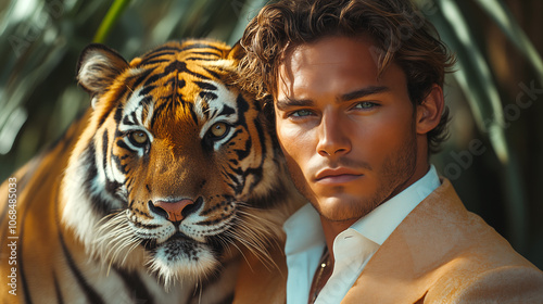 Portrait of a handsome young man with a tiger