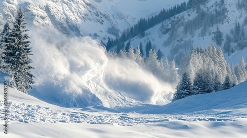 A serene mountain landscape suddenly disrupted by an avalanche, showcasing the stark juxtaposition of tranquility and chaos in the winter wilderness. photo