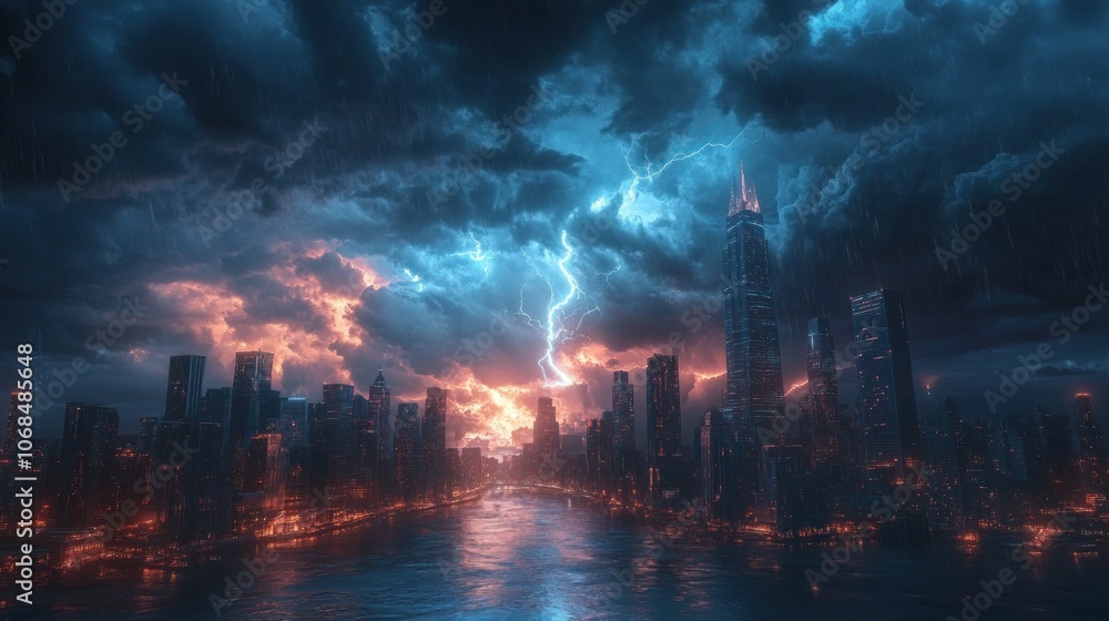 Fototapeta premium Lightning Storm Over Cityscape