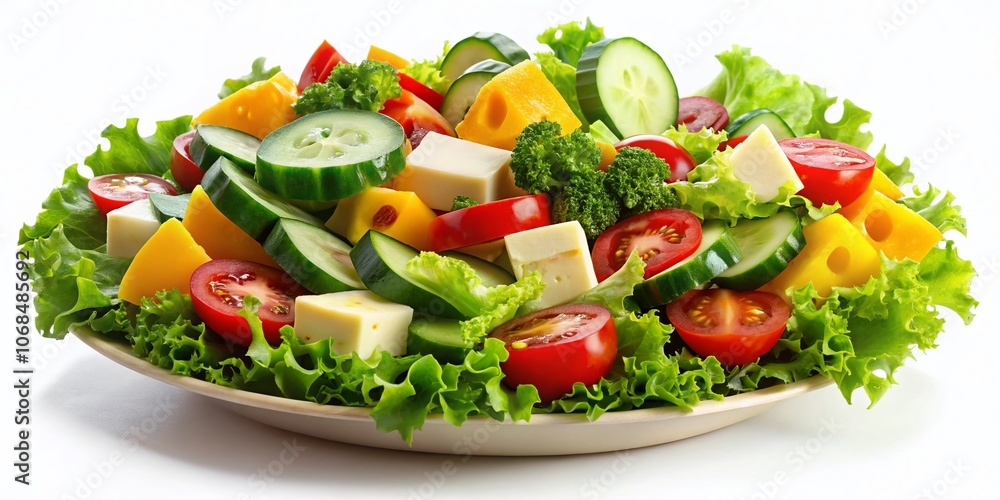 Healthy Green Salad with Fresh Vegetables and Cheese on White Background - Nutrient-Rich Ingredients, Vibrant Colors, Perfect for Health and Wellness Promotions, Diet Plans, and Culinary Inspiration Healthy Green Salad with Fresh Vegetables and Cheese on White Background - Nutrient-Rich Ingredients, Vibrant Colors, Perfect for Health and Wellness Promotions, Diet Plans, and Culinary Inspiration