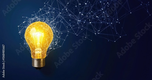A yellow bulb in a spider web on a blue background