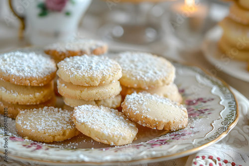 Crumbly shortbread cookies dusted with powdered sugar on a vintage porcelain plate for dessert