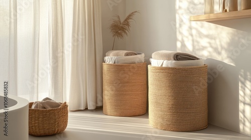 Three Wicker Baskets in a Modern Bathroom