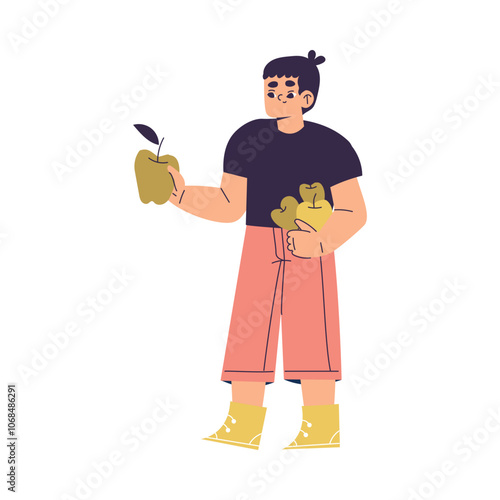 Polite Boy Character Give and Share Apple Having Good Manners Vector Illustration