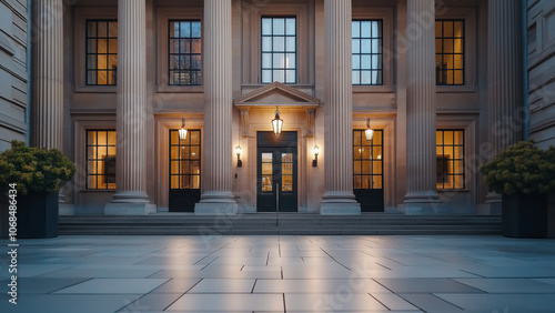 Elegant Building Entrance with Classical Columns and Warm Interior Lighting at Dusk.